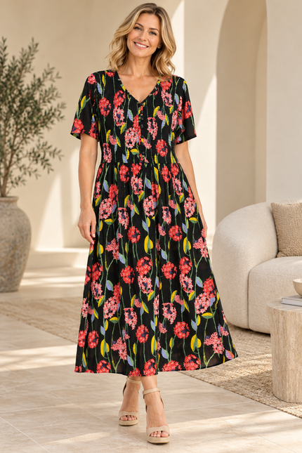 Dress Floral Print Crinkle  With Short Sleeve