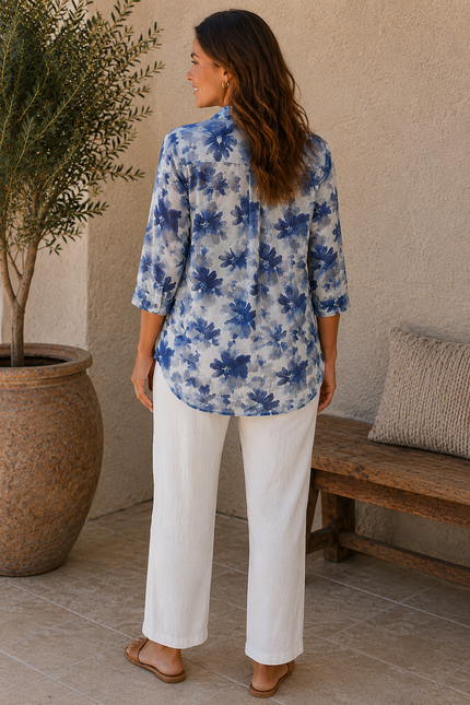 Blouse Abstract Navy Print  With 3/4 Sleeve