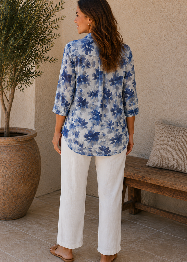 Blouse Abstract Navy Print  With 3/4 Sleeve