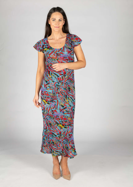 Reversible dress red print cap sleeve 52 inch long