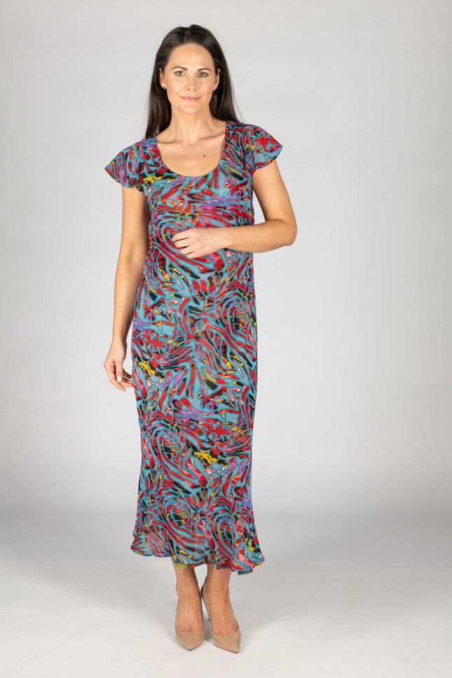 Reversible dress red print cap sleeve 52 inch long