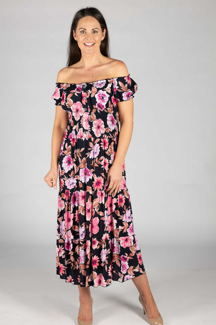 Dress printed gathered cap sleeve