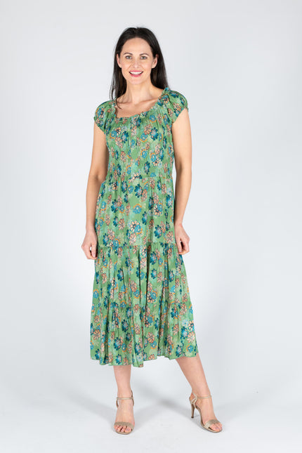 Dress green floral print gathered neckline