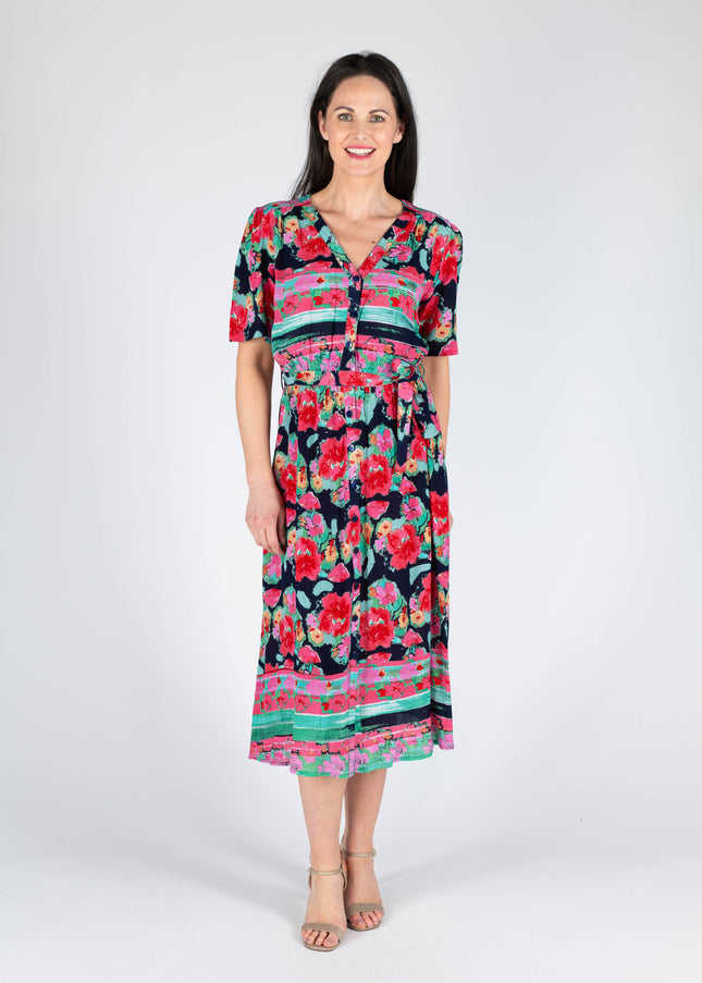 Dress floral print with button placket.