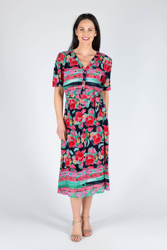Dress floral print with button placket.