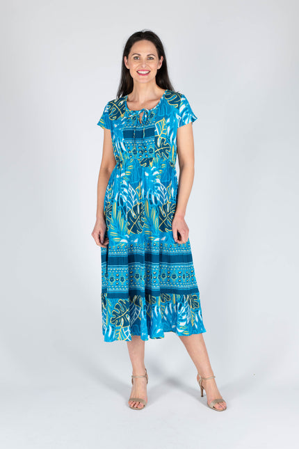 Dress leaf border print round neck cap sleeve