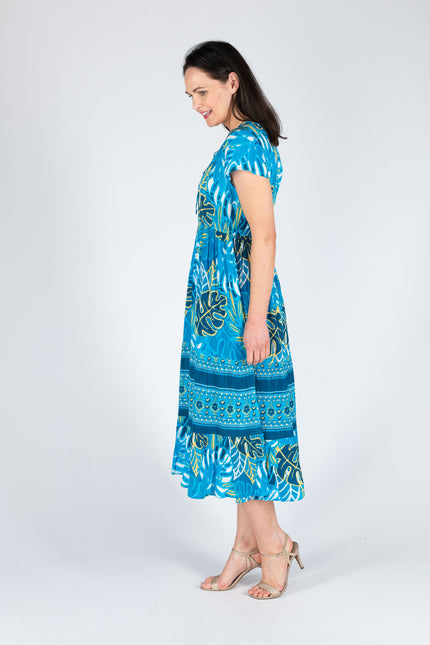 Dress leaf border print round neck cap sleeve