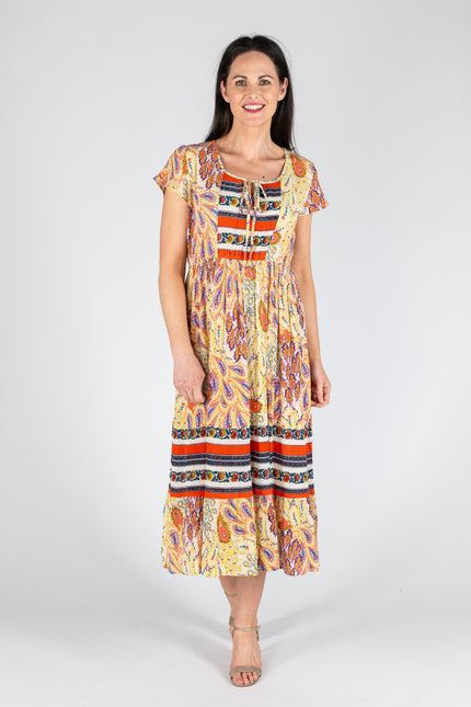 Dress floral border print round neck with cap sleeve