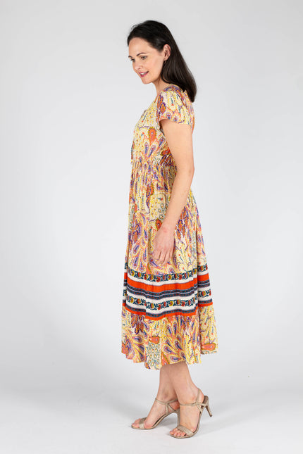 Dress floral border print round neck with cap sleeve