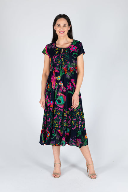 Dress floral border print round neck with
