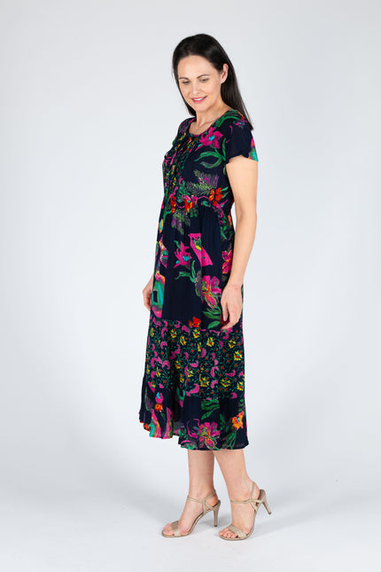Dress floral border print round neck with