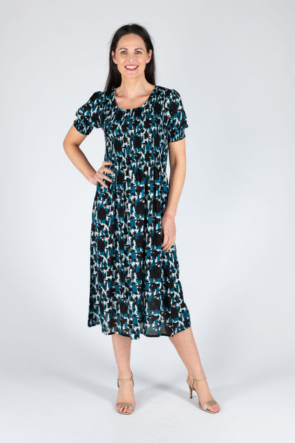 Dress leaf print round neck crinkle