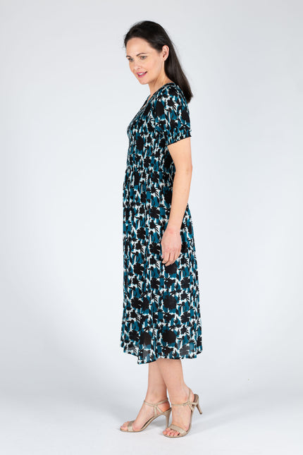 Dress leaf print round neck crinkle