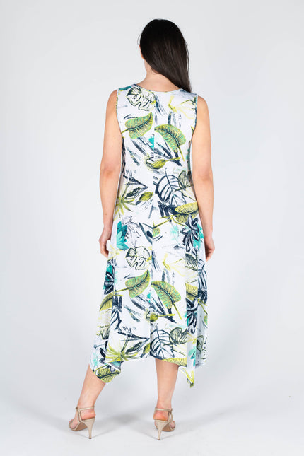Dress white green leaf sleeveless long length