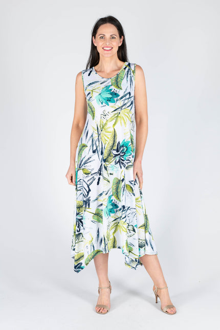 Dress white green leaf sleeveless long length