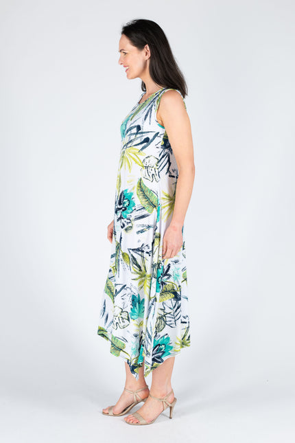 Dress white green leaf sleeveless long length