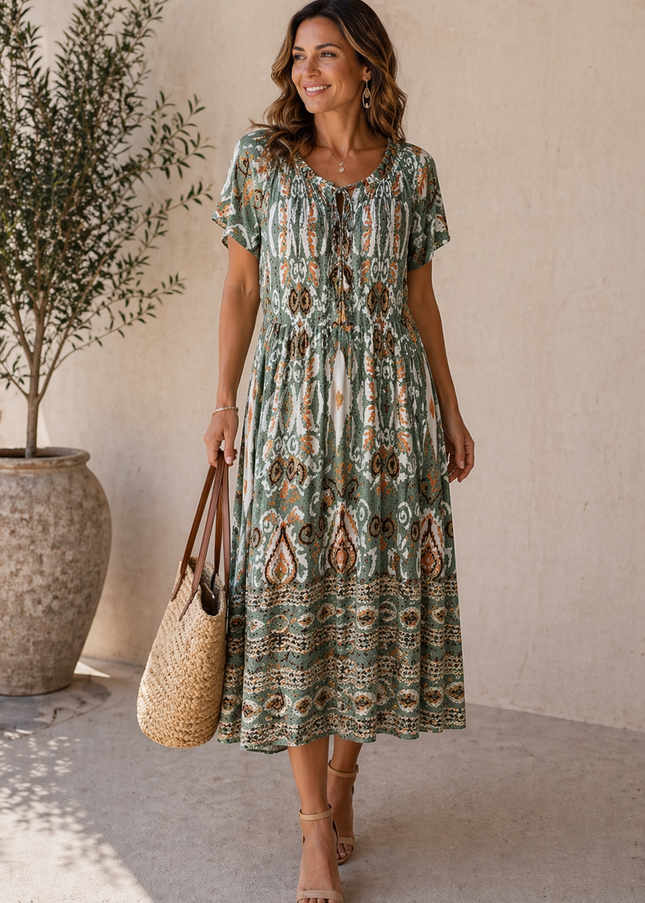 Dress border print smocked with short sleeve