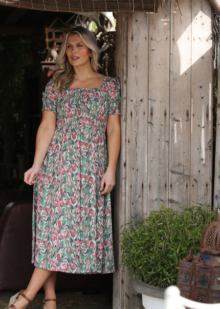 Dress multi print square neck floral print crinkle