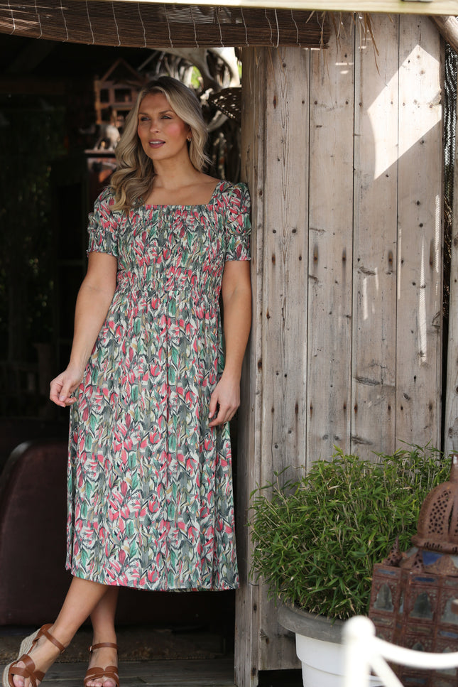 MULTI PRINT SQUARE NECK FLORAL PRINT CRINKLE DRESS