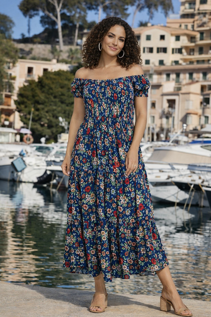 Dress flower printed gathered neckline