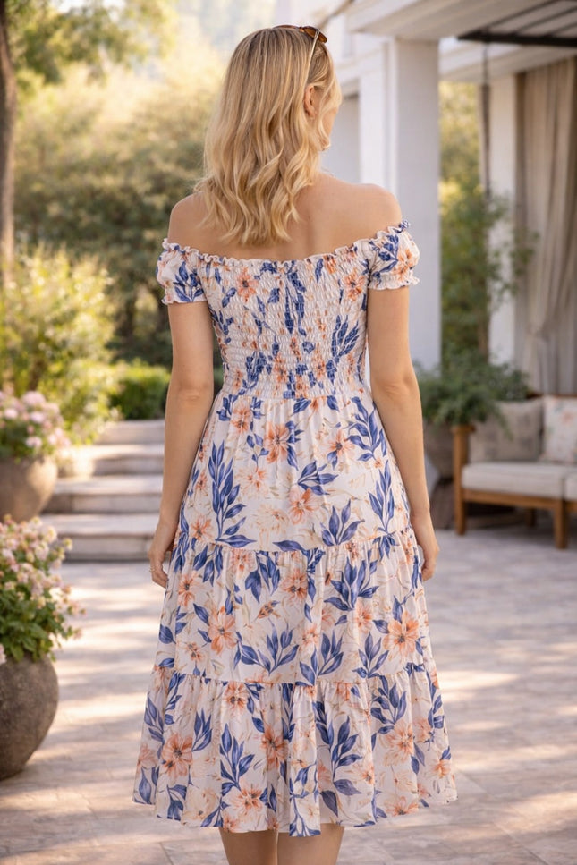 Dress leaf print gathered neckline cap sleeve