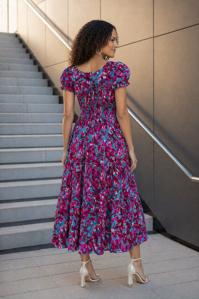 Dress printed gathered neckline cap sleeve