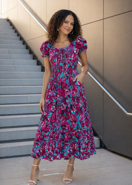 Dress printed gathered neckline cap sleeve