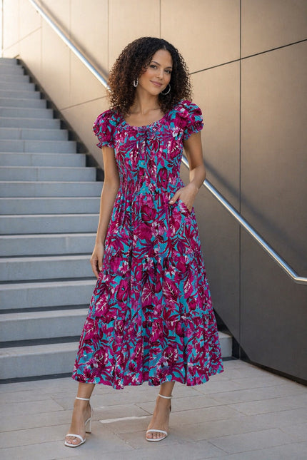 Dress printed gathered neckline cap sleeve