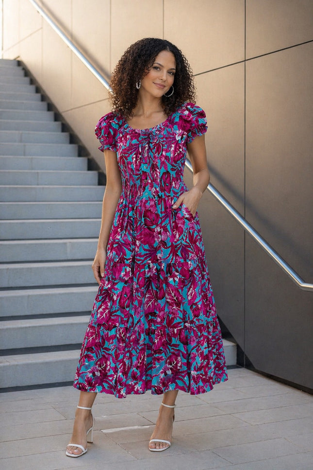 Dress printed gathered neckline cap sleeve