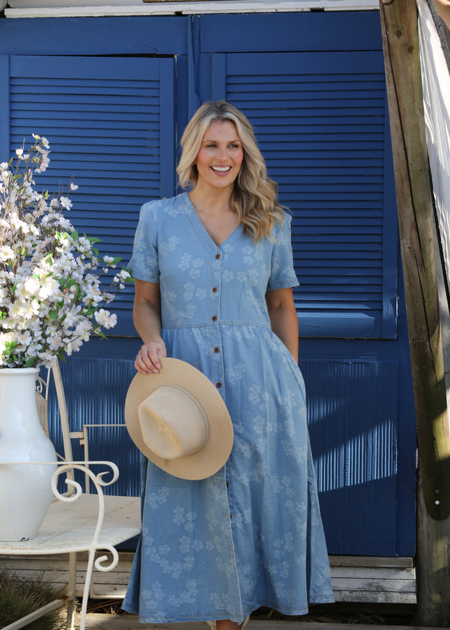 Dress flower emb. button front denim dress v-neck