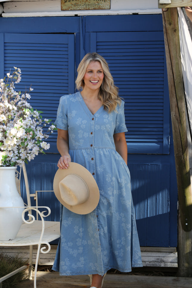 FLOWER EMB. BUTTON FRONT DENIM DRESS V-NECK