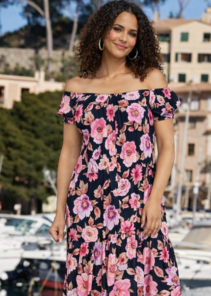 Dress printed gathered cap sleeve