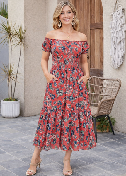 Dress floral print gathered neckline cap sleeve