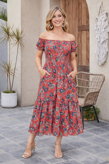 Dress floral print gathered neckline cap sleeve