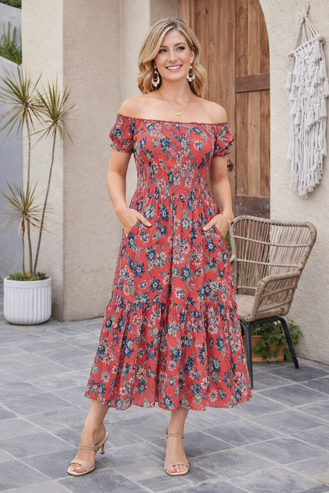 FLORAL PRINT GATHERED NECKLINE DRESS CAP SLEEVE