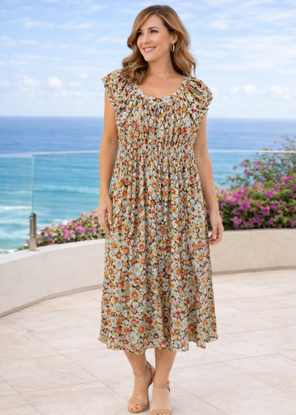 Dress cap sleeve printed gathered neckline