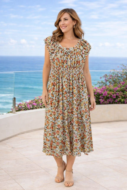 Dress cap sleeve printed gathered neckline