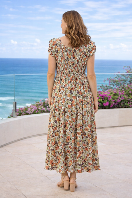 Dress cap sleeve printed gathered neckline