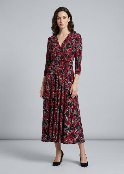 Dress red print wrap front dress v neck