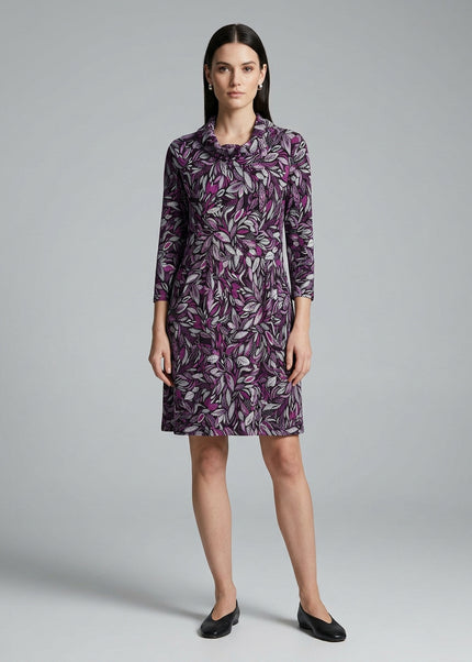 Dress flower print cowl neck long sleeve with pockets
