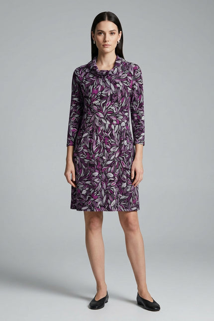 Dress flower print cowl neck long sleeve with pockets