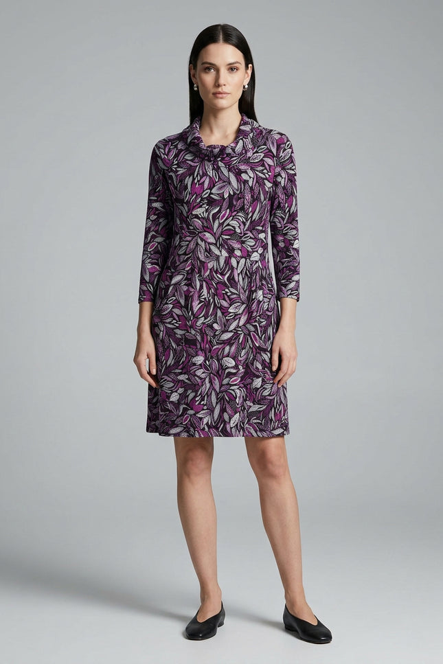 Dress flower print cowl neck long sleeve with pockets