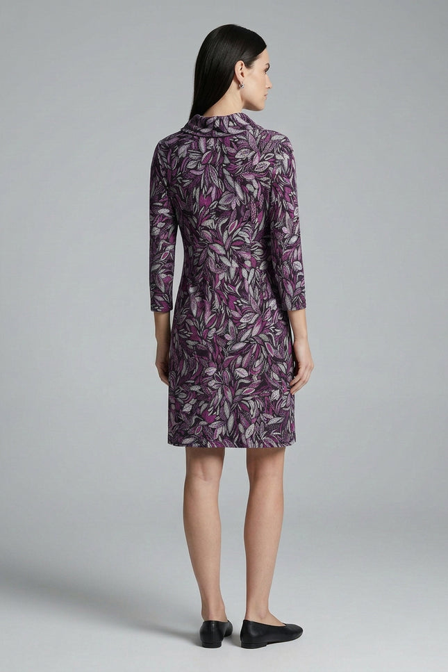Dress flower print cowl neck long sleeve with pockets