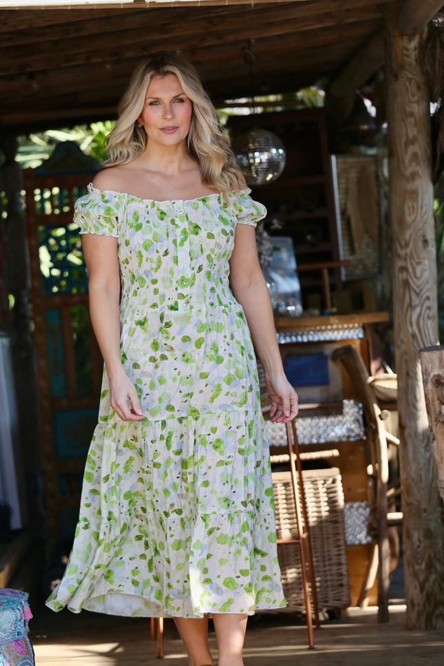 GREEN PRINTED GATHERED NECKLINE DRESS CAP SLEEVE