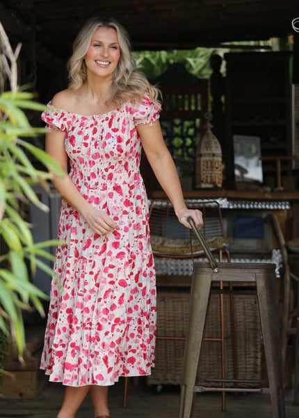Dress pink printed gathered neckline cap sleeve
