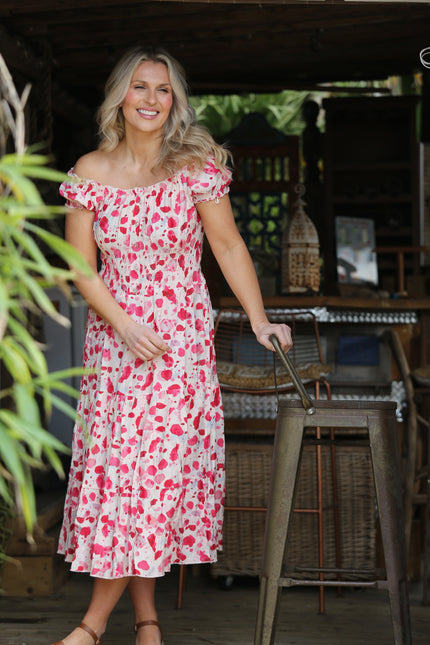 Dress pink printed gathered neckline cap sleeve