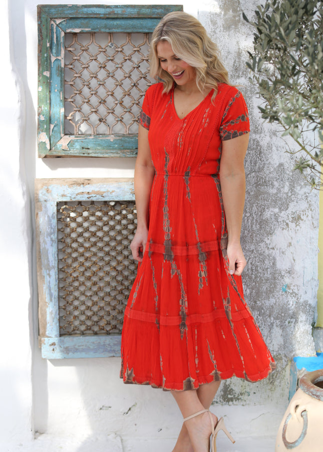 Dress red tie dye v neck short sleeve