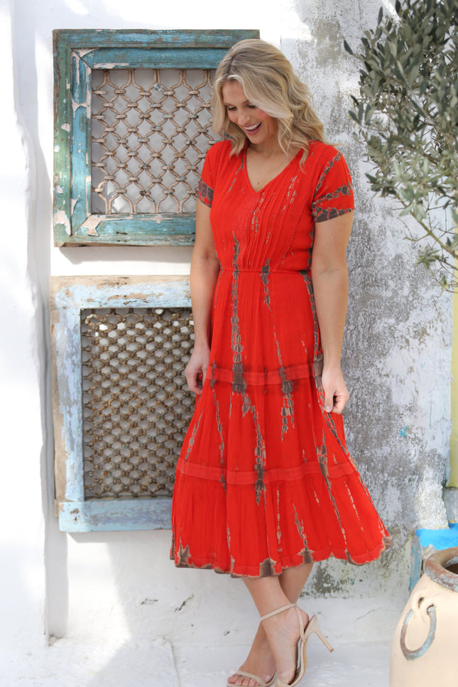 RED TIE DYE DRESS V NECK SHORT SLEEVE