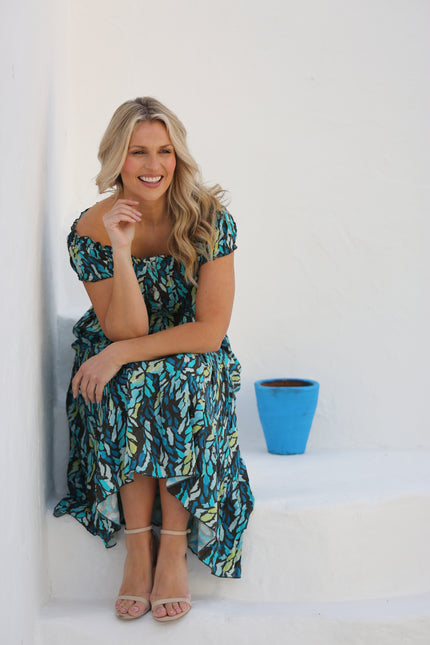 Dress teal printed gathered neckline cap sleeve