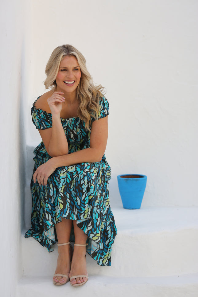 TEAL PRINTED GATHERED NECKLINE DRESS CAP SLEEVE